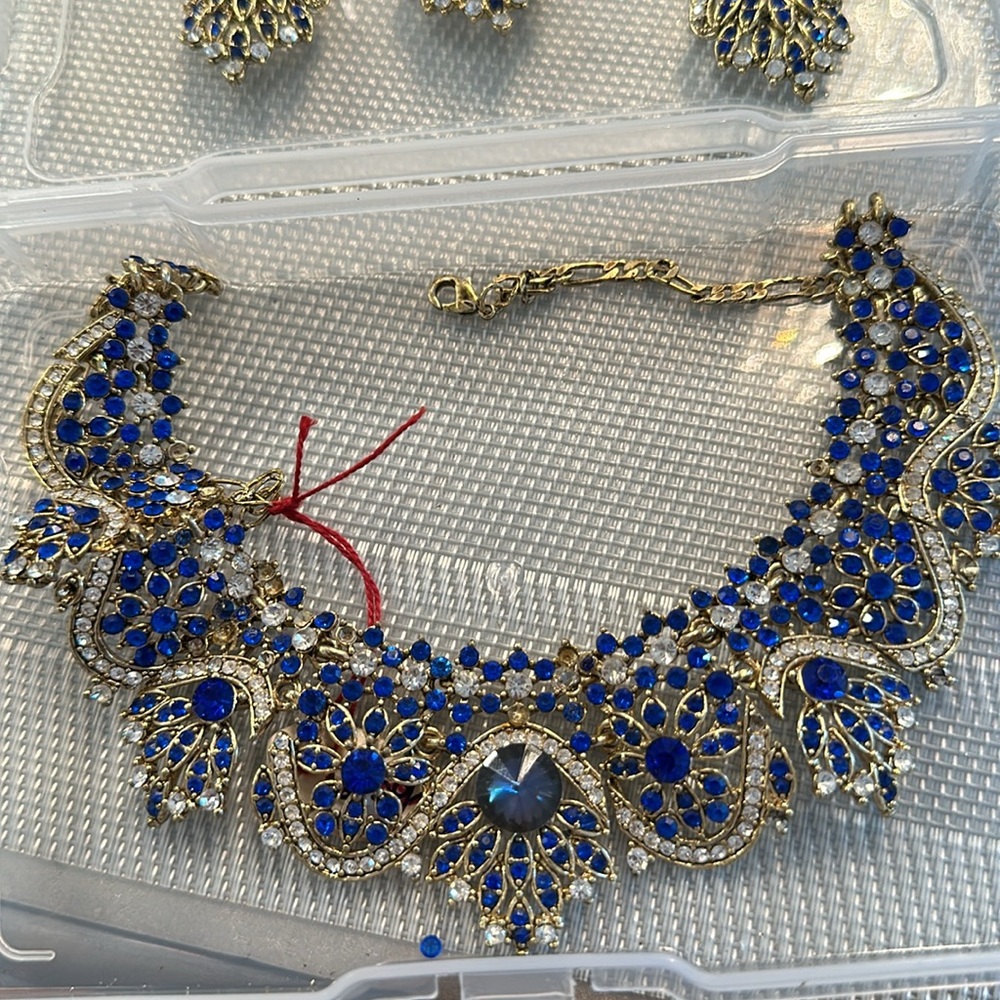 Royal Blue Indian Jewelry Necklace, earring and tikka set NEW